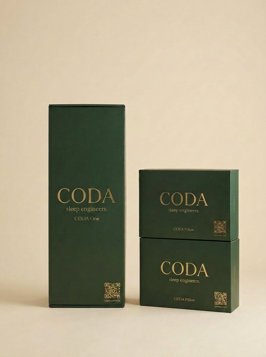 Стек от брандирани кутии CODA за матраци и възглавници в кремаво и горско зелено